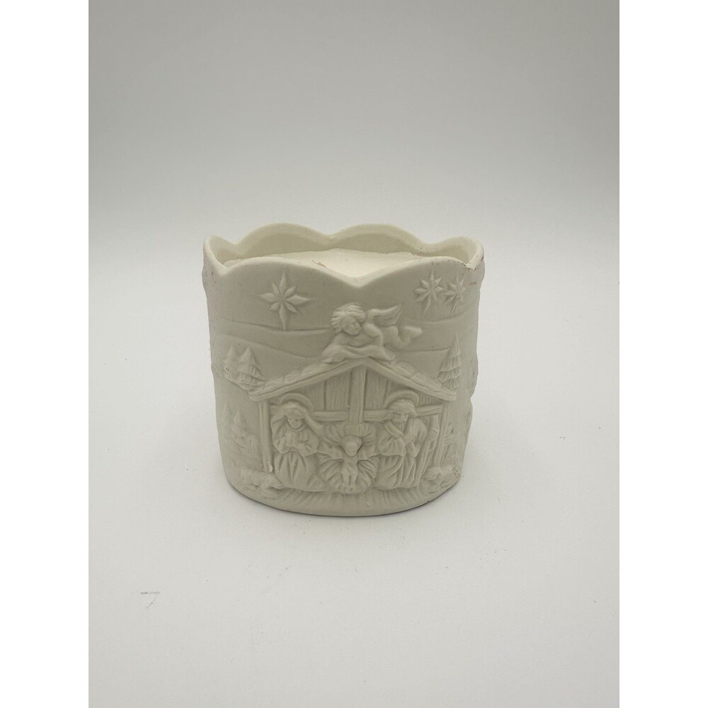 Cream Ceramic Candle In Nativity Scene Holder Christmas Religious
